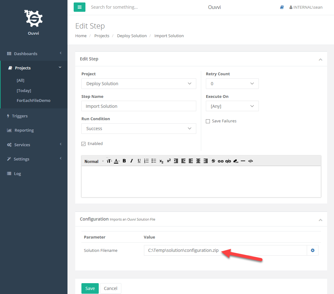 Solution Import Step Configuration