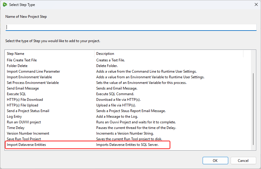 Import Dataverse Entities Step